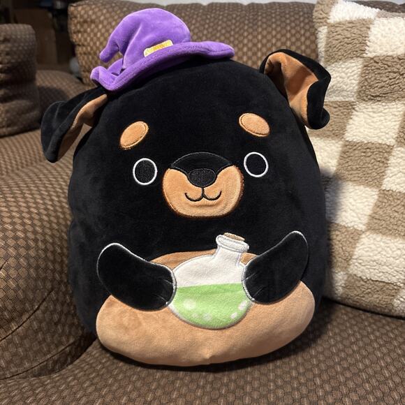 12 Inch Black and Brown Dog Squishmallow With Witch Hat and Potion Bottle - Picture 1 of 6